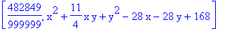 [482849/999999, x^2+11/4*x*y+y^2-28*x-28*y+168]